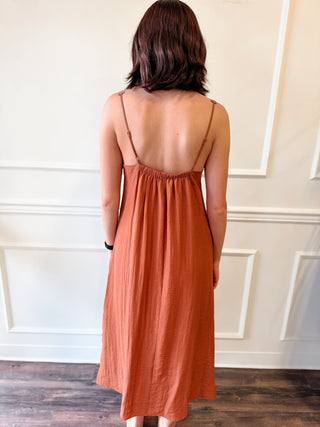 The Arden Pintuck Maxi Dress – Rust