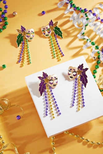 Mardi Gras Mask Beaded Tassel Earrings