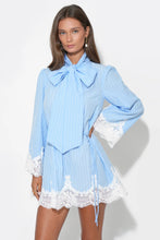 Victoria Neck Tie Lace Trim Stripe Dress by Adelyn Rae