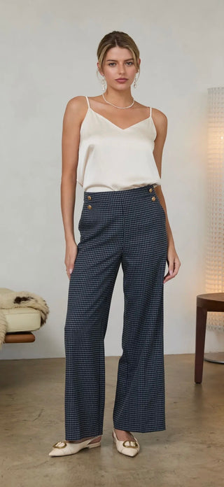 Kensington Navy Grid Wide-Leg Trouser with Gold Button Detail