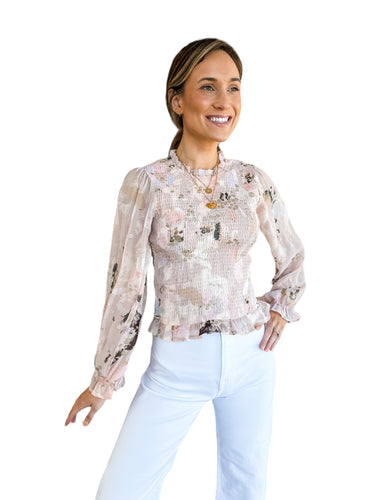 Flora Abstract Floral Print Smocked Blouse