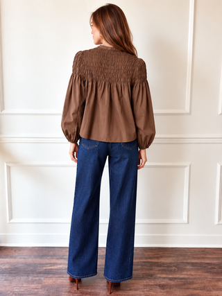 Ellery Cocoa Smocked Blouse