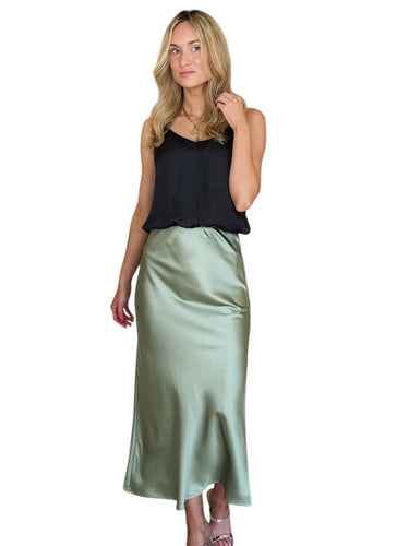 Simply Sleek Sage Satin Midi Skirt