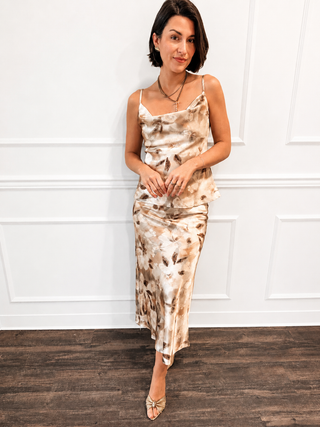 The Mocha Blossom Satin Maxi Set