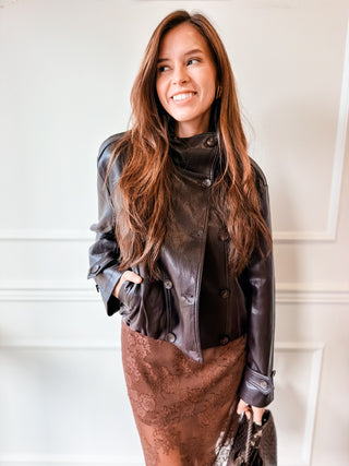 Corina Chocolate Brown Leather Funnel Neck Jacket by Lucy Paris