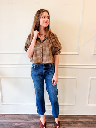 Autumn Check Puff Sleeve Top