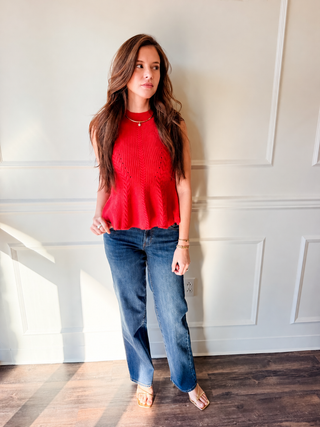 Poppy Red Cable Knit Peplum Top