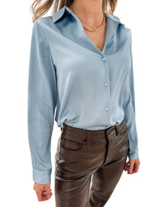 Danica Dusty Blue Satin Button Up