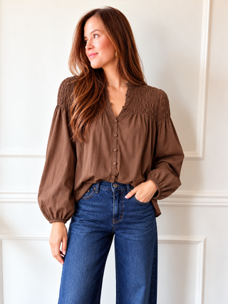Ellery Cocoa Smocked Blouse