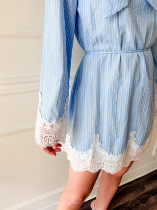 Victoria Neck Tie Lace Trim Stripe Dress by Adelyn Rae