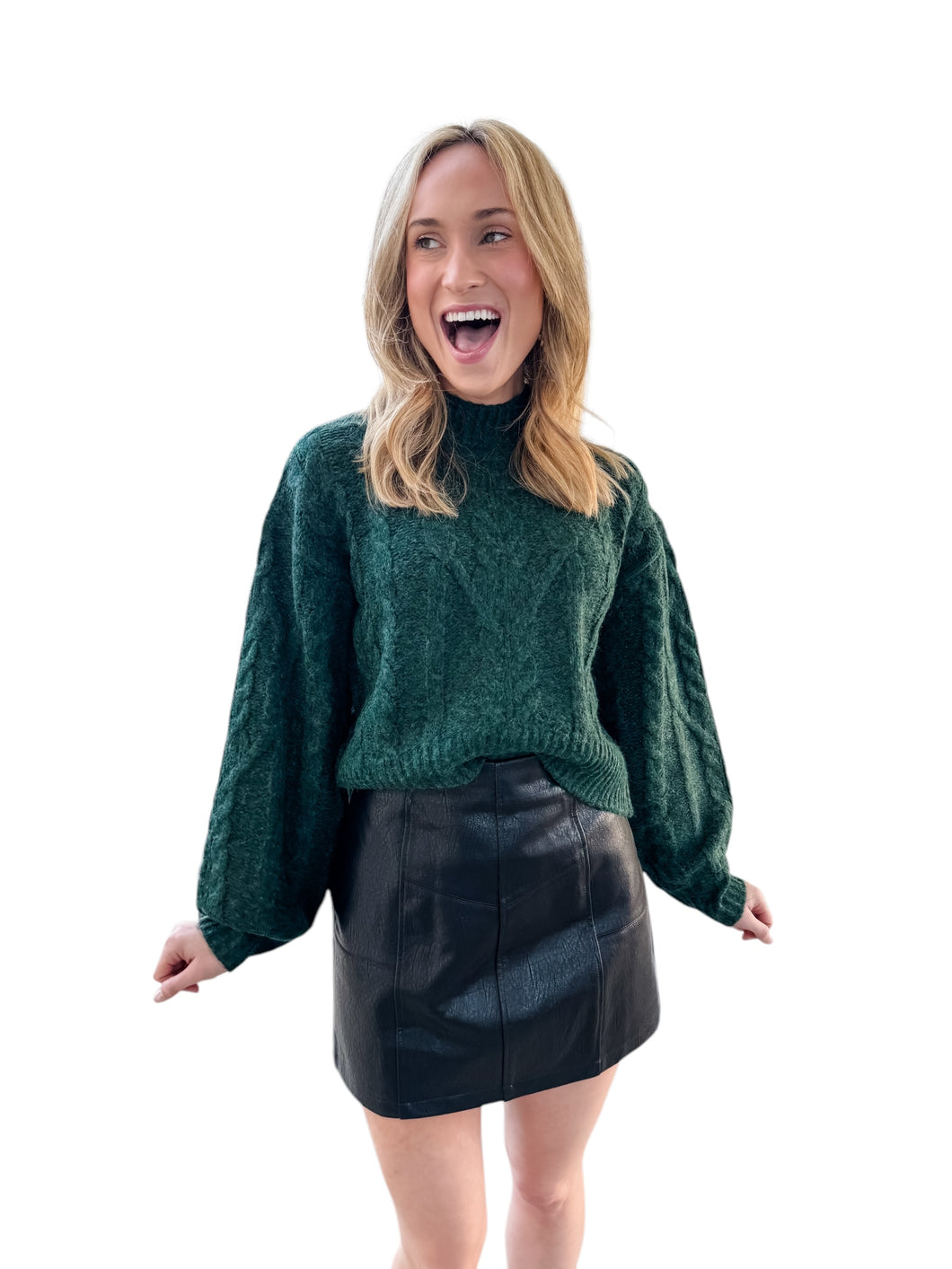 Marcie Cable Stitch Mock Neck Sweater in Winter Pine by Steve Madden