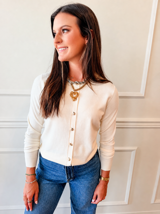Audrey Gold Button Cardigan - Cream Button-Up Sweater