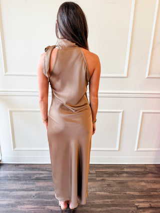 Marlowe Mocha Satin Tie-Neck Maxi Dress