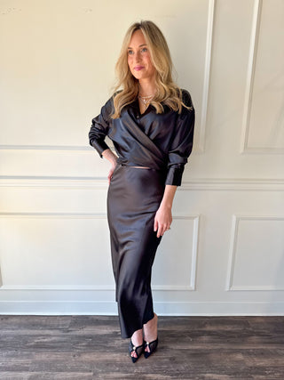 Noir Satin Midi Skirt