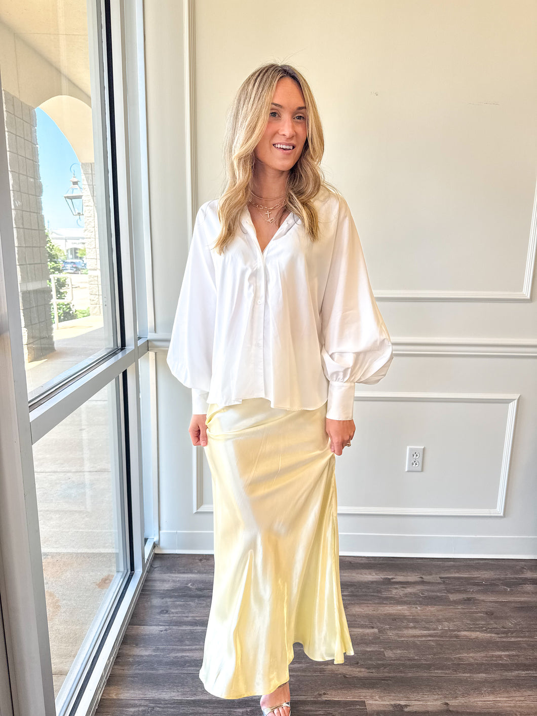Eloine Soft Yellow Satin Midi by JiJi