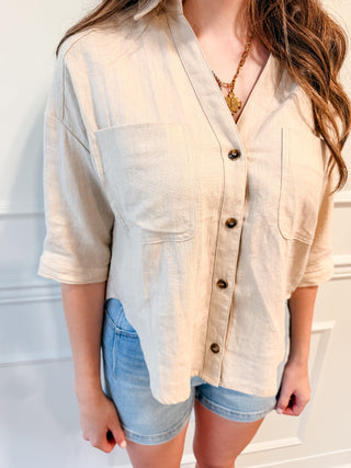 Coastal Breeze Taupe Linen Button Up