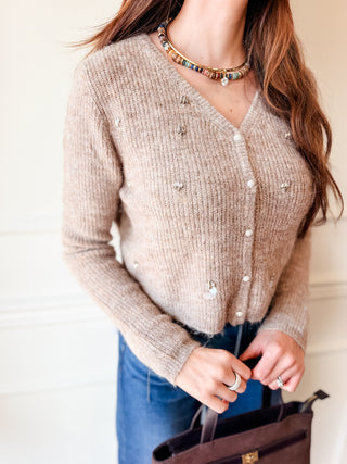 Kiki Taupe Embellished Cardigan by Lucy Paris