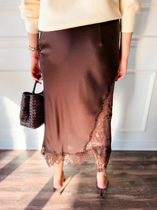 Colette Chocolate Lace-Trim Midi Skirt
