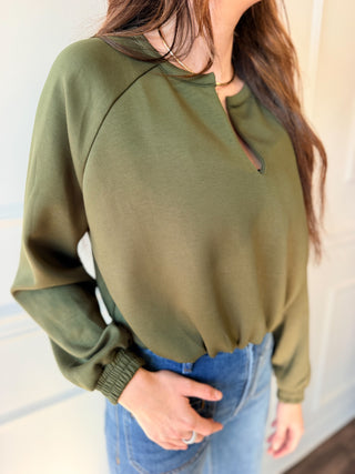 Tatum Olive Split-Neck Pullover