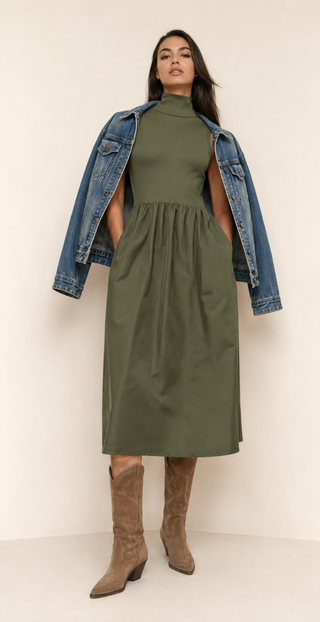 The Lennox Mixed-Media Midi Dress – Olive