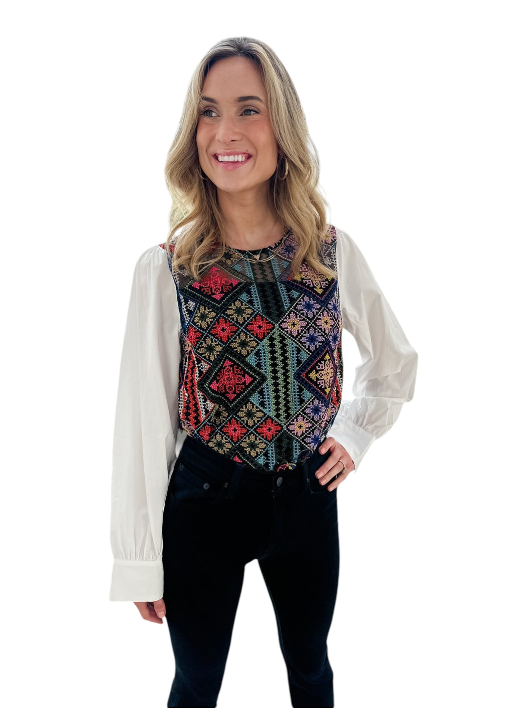 Shirt of Many Colors Embroidered Patchwork Blouse