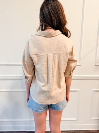Coastal Breeze Taupe Linen Button Up