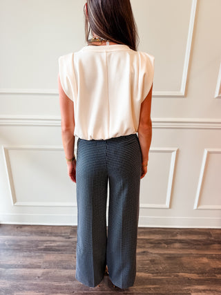Kensington Navy Grid Wide-Leg Trouser with Gold Button Detail