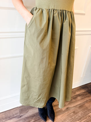 The Lennox Mixed-Media Midi Dress – Olive