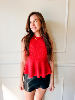Poppy Red Cable Knit Peplum Top