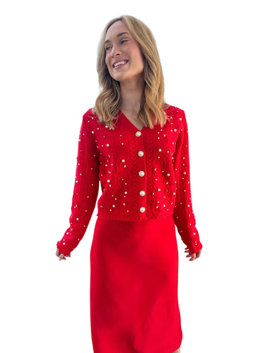 Holiday Glam Red Pearl Rhinestone Cardigan