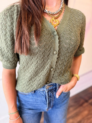 Willow Pointelle Olive Crochet Cardigan by Current Air