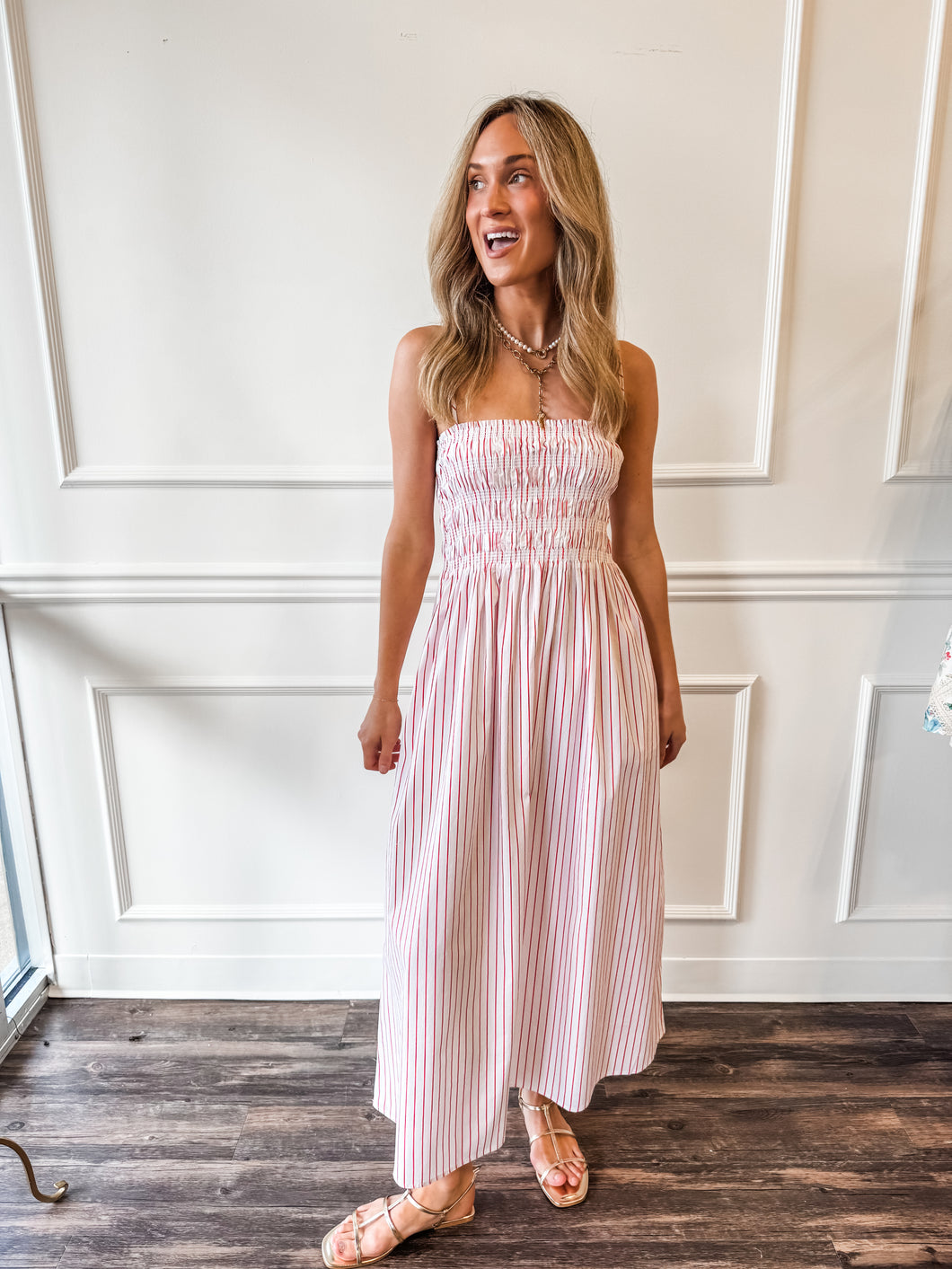 Bianca Shirred Bodice Dress in Ruby Stripe by Pistola
