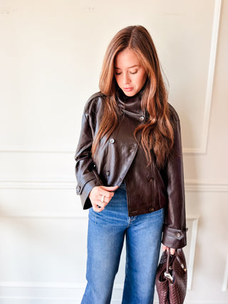 Corina Chocolate Brown Leather Funnel Neck Jacket by Lucy Paris