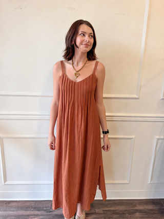 The Arden Pintuck Maxi Dress – Rust