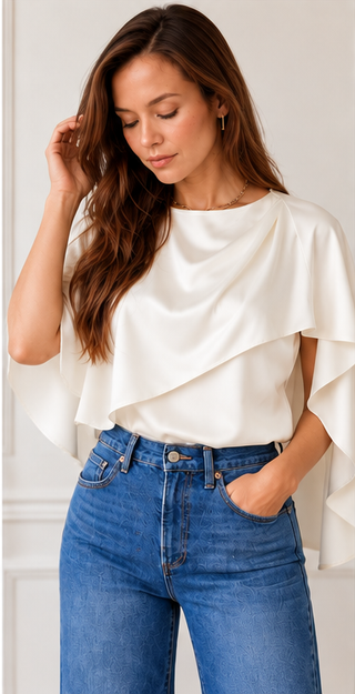 Model wearing the Fiona ivory satin top with a draped cape overlay and blue jeans.