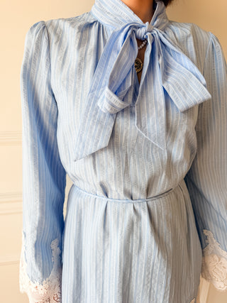 Victoria Neck Tie Lace Trim Stripe Dress by Adelyn Rae