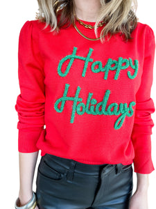 Happy Holidays Red Puff Sleeve Sweater