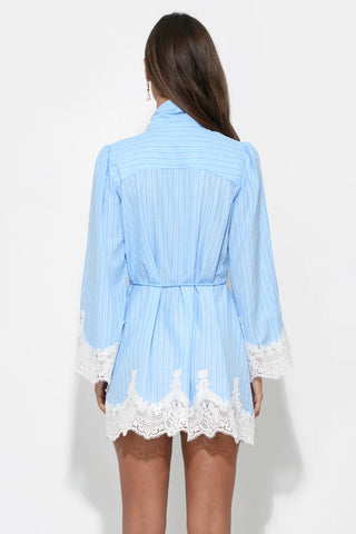 Victoria Neck Tie Lace Trim Stripe Dress by Adelyn Rae