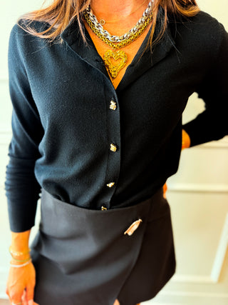 Audrey Gold Button Cardigan - Black Button-Up Sweater