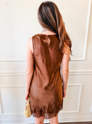 The Afterglow Chocolate Satin Lace Mini Dress