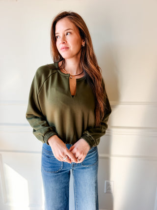 Tatum Olive Split-Neck Pullover