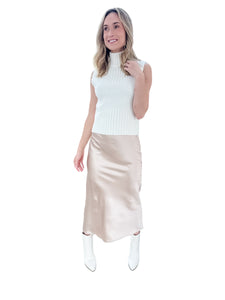 Night On the Town Champagne Satin Midi Skirt