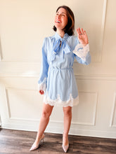 Victoria Neck Tie Lace Trim Stripe Dress by Adelyn Rae