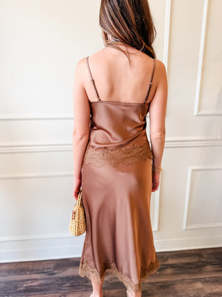 The Gilded Hour: Mocha Satin Cowl Neck Camisole with Lace Trim