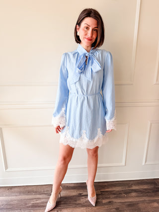 Victoria Neck Tie Lace Trim Stripe Dress by Adelyn Rae