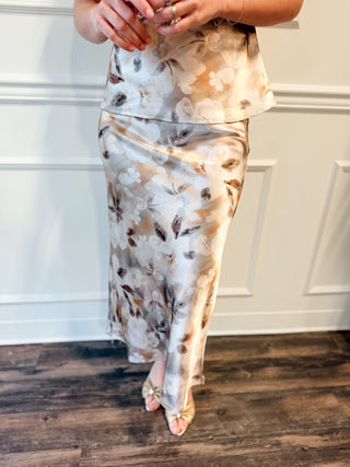 The Mocha Blossom Satin Maxi Set