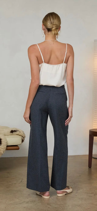 Kensington Navy Grid Wide-Leg Trouser with Gold Button Detail