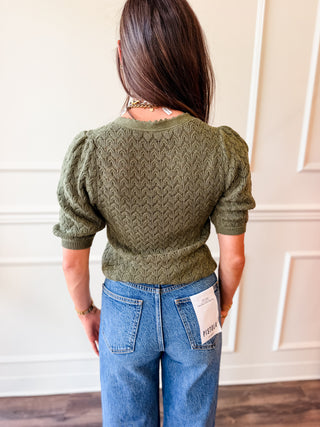 Willow Pointelle Olive Crochet Cardigan by Current Air