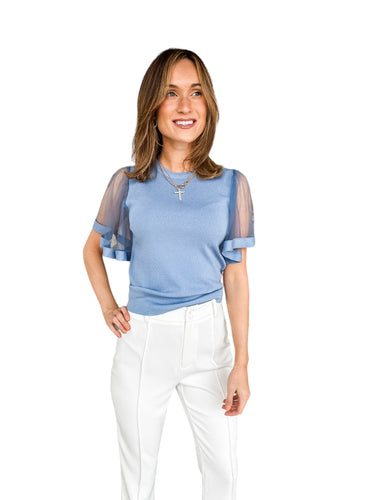 All the Frills Blue Sheer Sleeve Blouse
