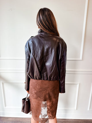Corina Chocolate Brown Leather Funnel Neck Jacket by Lucy Paris